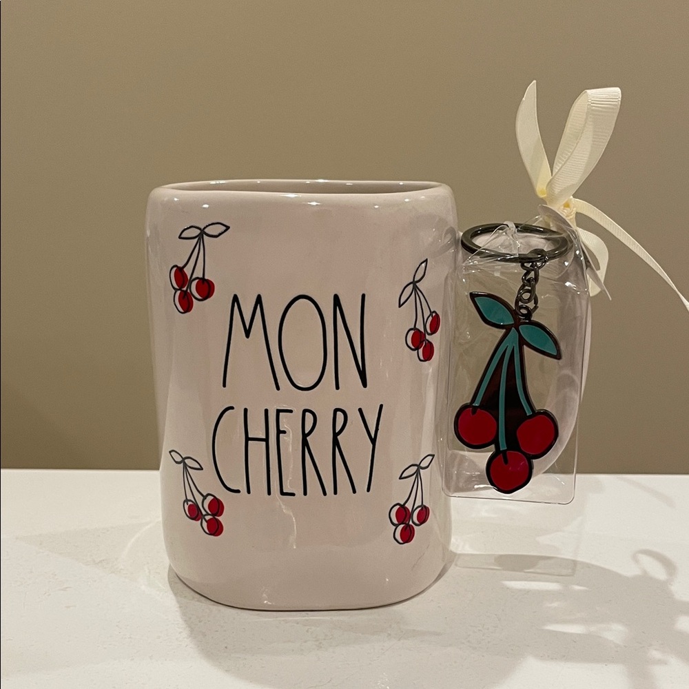 New Rae Dunn MON CHERRY Mug with Cherry Keychain